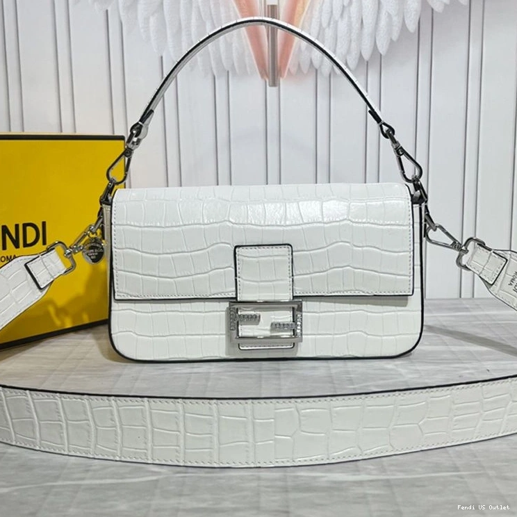 HOT Fendi Medium Baguette Bag White In Leather Crocodile Tiffany 0723